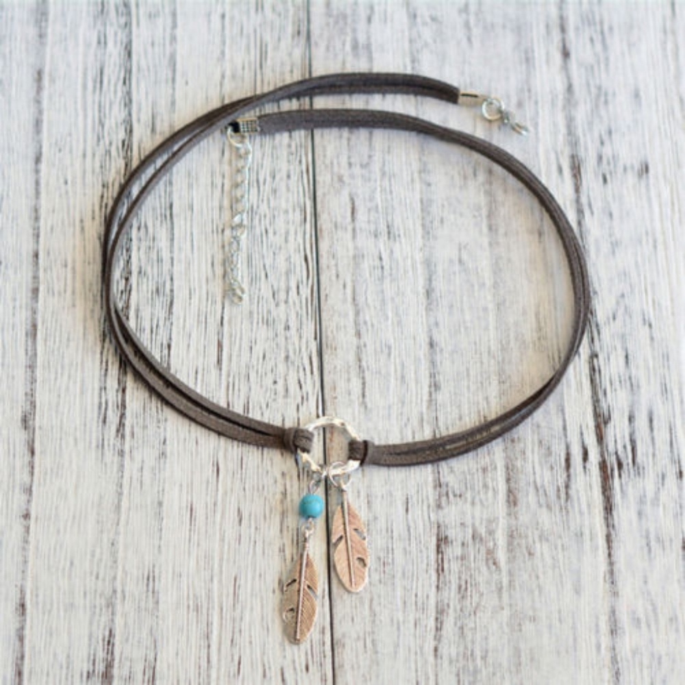 'Feather Gypsy' Turquoise Leather Choker Necklace - Picture 2 of 6